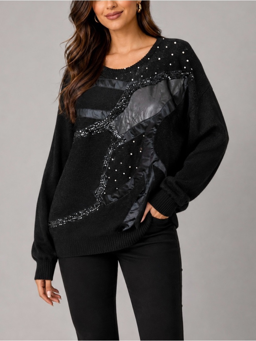 Anfirson Collection Vintage Elegant Black Sweater with Embellished Design